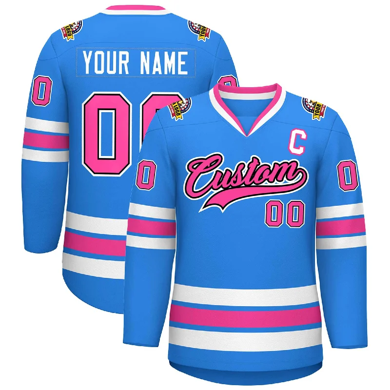 Custom Powder Blue Pink Black-White Classic Style Hockey Jersey Classic Men's Pin