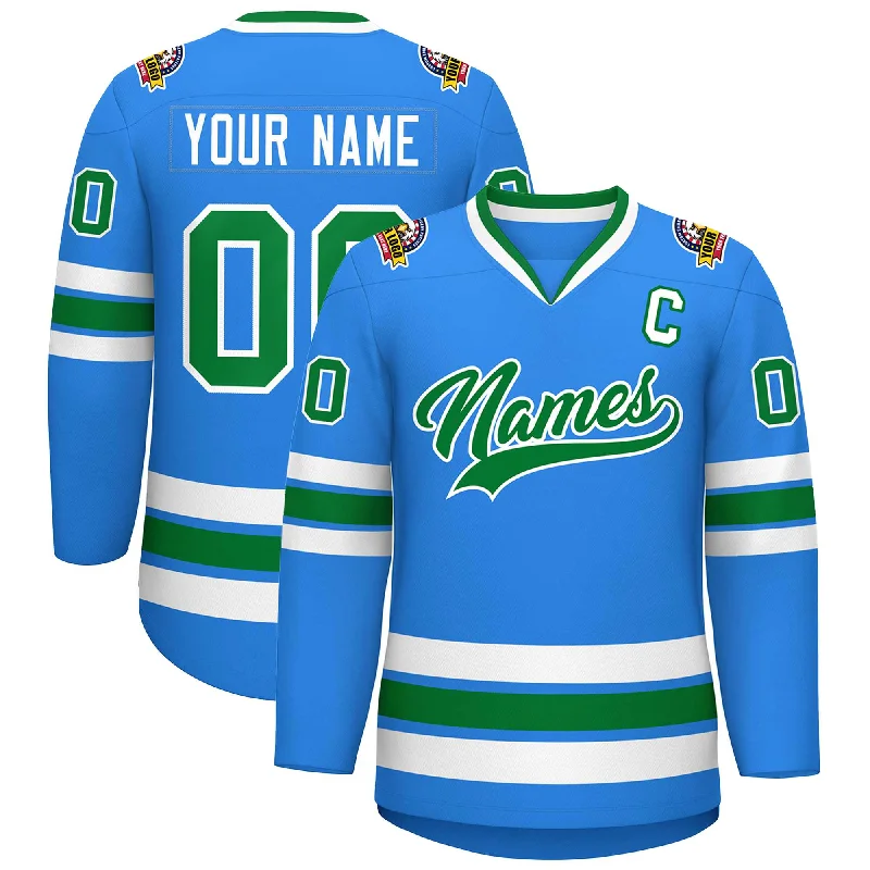 Custom Powder Blue Kelly Green-White Classic Style Hockey Jersey Rugged Men's Outdoor 