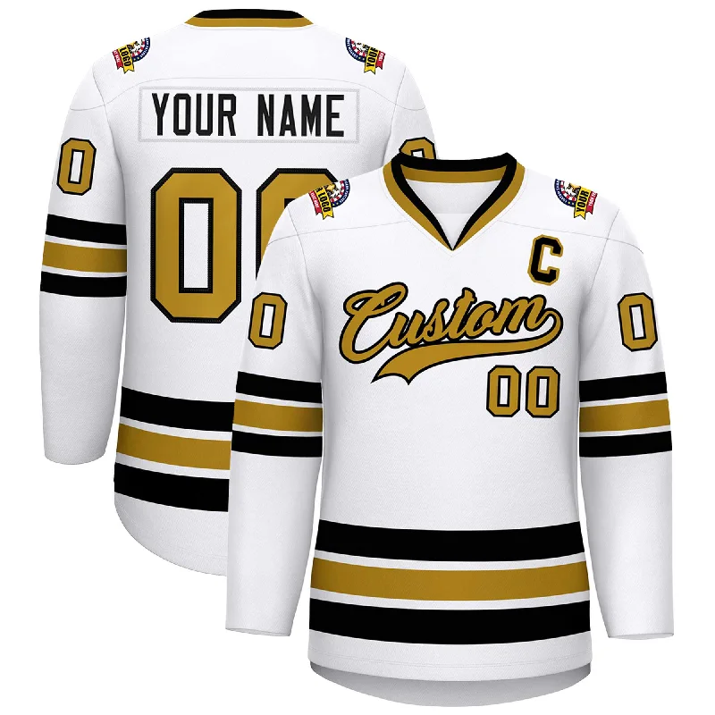 Custom White Old Gold-Black Classic Style Hockey Jersey Vacation