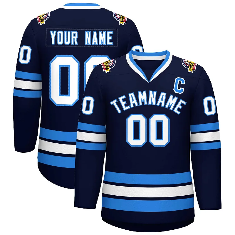 Custom Navy White-Powder Blue Classic Style Hockey Jersey Practical Men's Multi