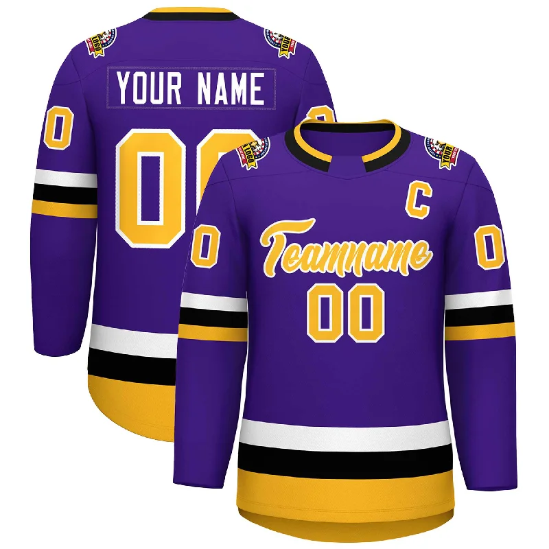 Custom Purple Gold-White Classic Style Hockey Jersey Confident Men's Power