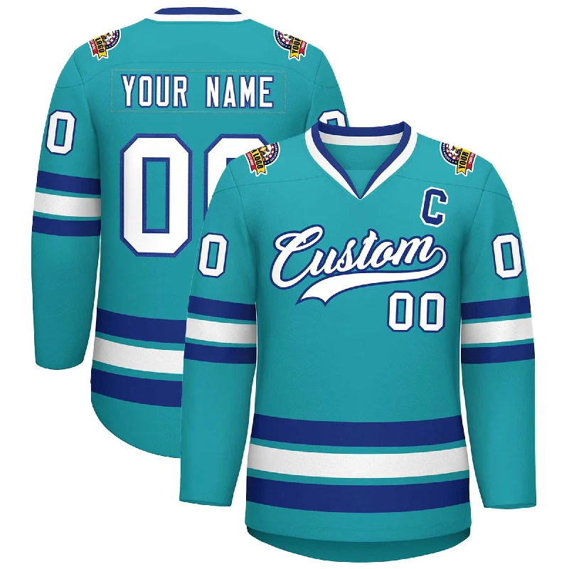 Custom Aqua White-Royal Classic Style Hockey Jersey Masculine Men's Thick