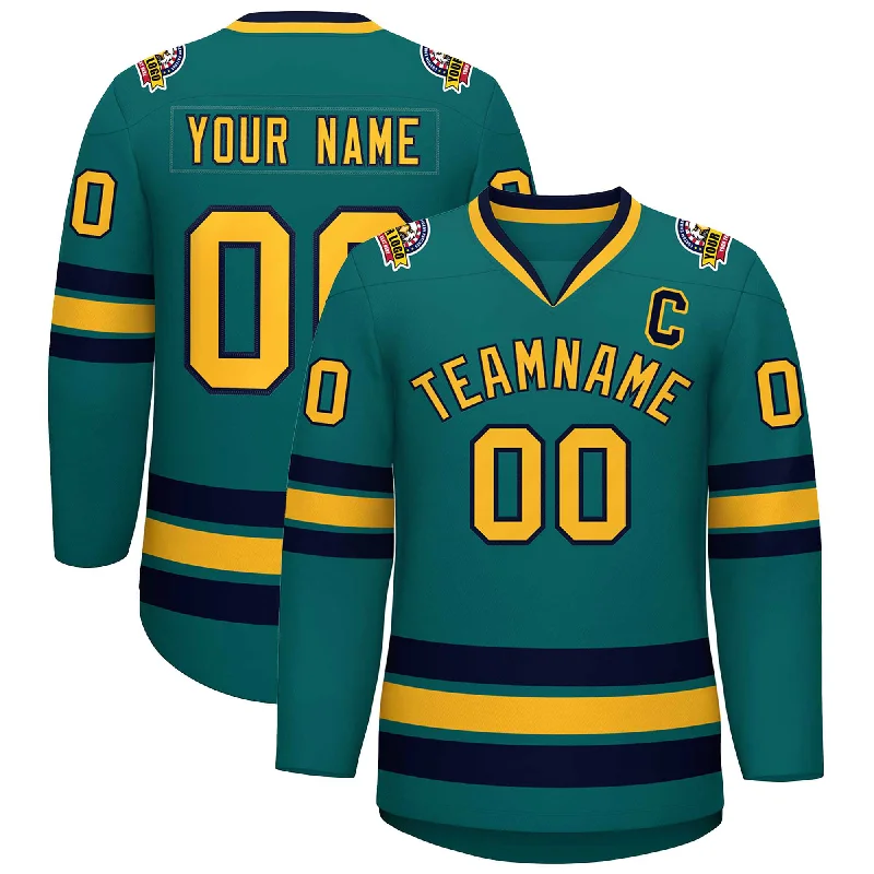 Custom Aqua Gold-Navy Classic Style Hockey Jersey Stylish Men's Tropical 