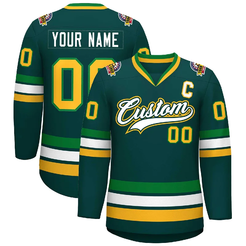 Custom Midnight Green White Kelly Green-Gold Classic Style Hockey Jersey Tough Men's Military