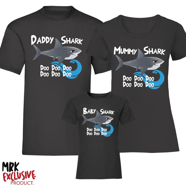 Shark Family Matching T-Shirts - Black (MRK X) Polished Men's Satin