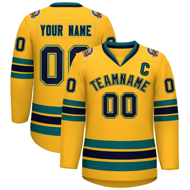 Custom Gold Navy Gold-Aqua Classic Style Hockey Jersey Preppy Men's College