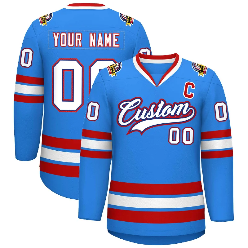 Custom Powder Blue White Royal-Red Classic Style Hockey Jersey Relaxed Men's Beach