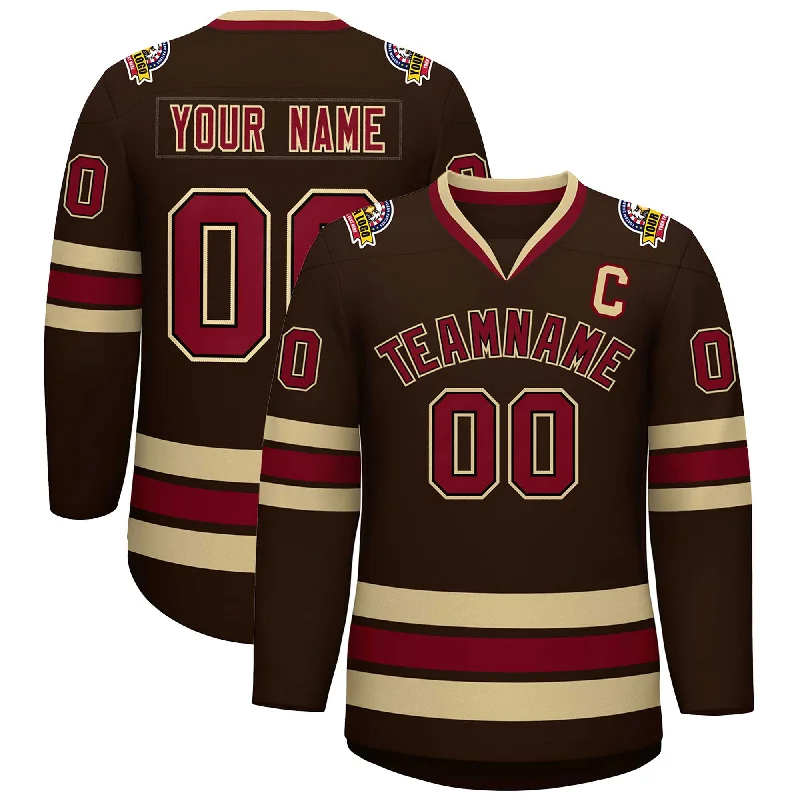 Custom Brown Crimson-Black Classic Style Hockey Jersey Confident Men's High