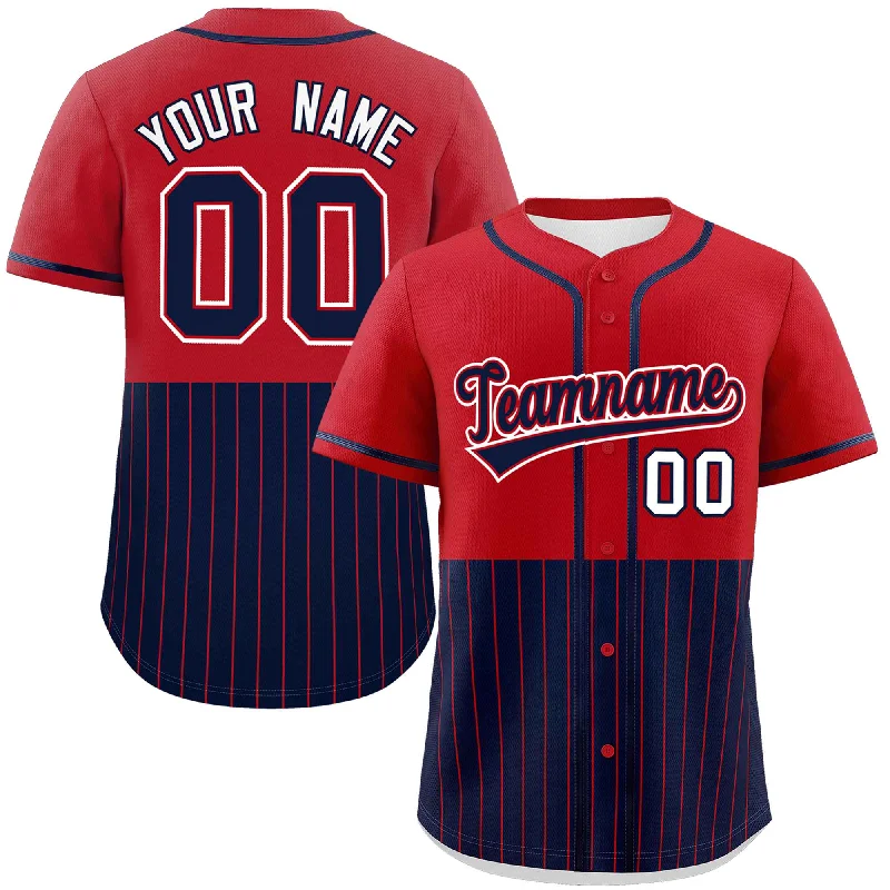 Custom Red Navy Personalized Half Stripe Design Authentic Baseball Jersey Sleek Men's Contemporary 