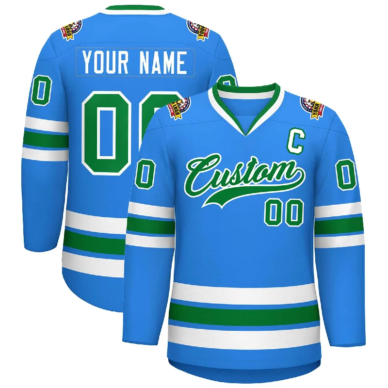 Custom Powder Blue Kelly Green-White Classic Style Hockey Jersey Hip Men's Retro