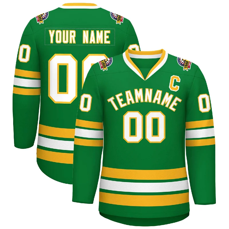 Custom Kelly Green White-Gold Classic Style Hockey Jersey Trendy Men's Bucket