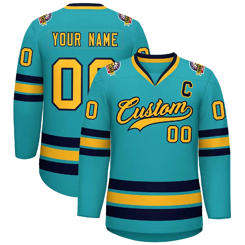 Custom Aqua Gold-Navy Classic Style Hockey Jersey Practical Men's Quick