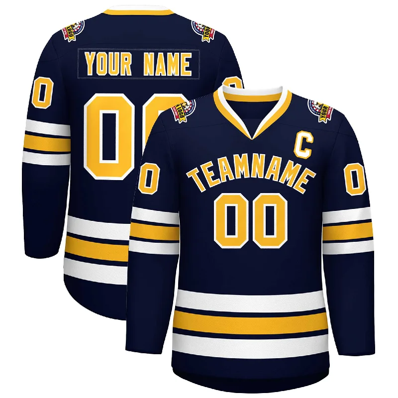 Custom Navy Gold-White Classic Style Hockey Jersey Youthful Men's Pop