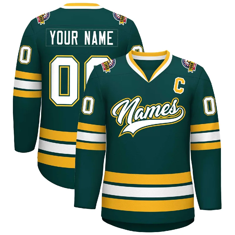 Custom Midnight Green White Olive-Gold Classic Style Hockey Jersey Traditional Men's Country