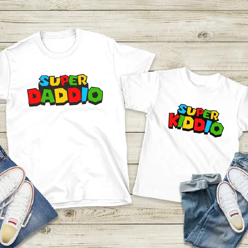 Power Up- Daddio & Kiddio Cool Mario Matching T-Shirts- White Trendy Men's Bucket