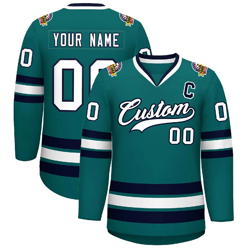 Custom Aqua White-Navy Classic Style Hockey Jersey Cool Men's Distressed