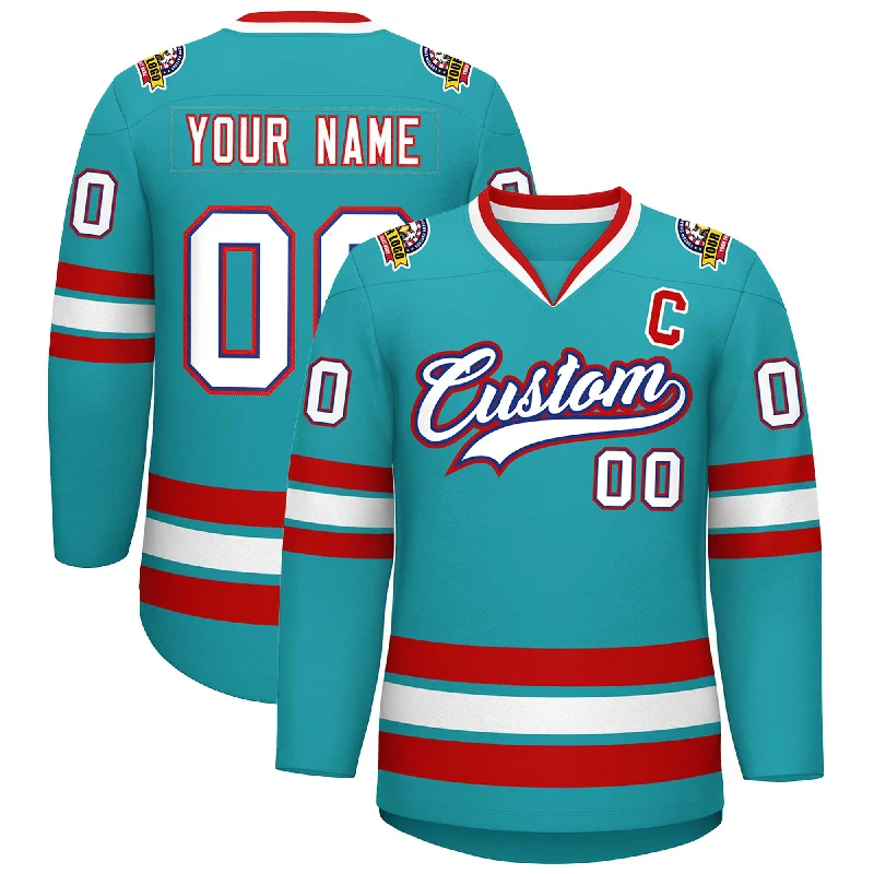 Custom Aqua White Royal-Red Classic Style Hockey Jersey Bold Men's Animal