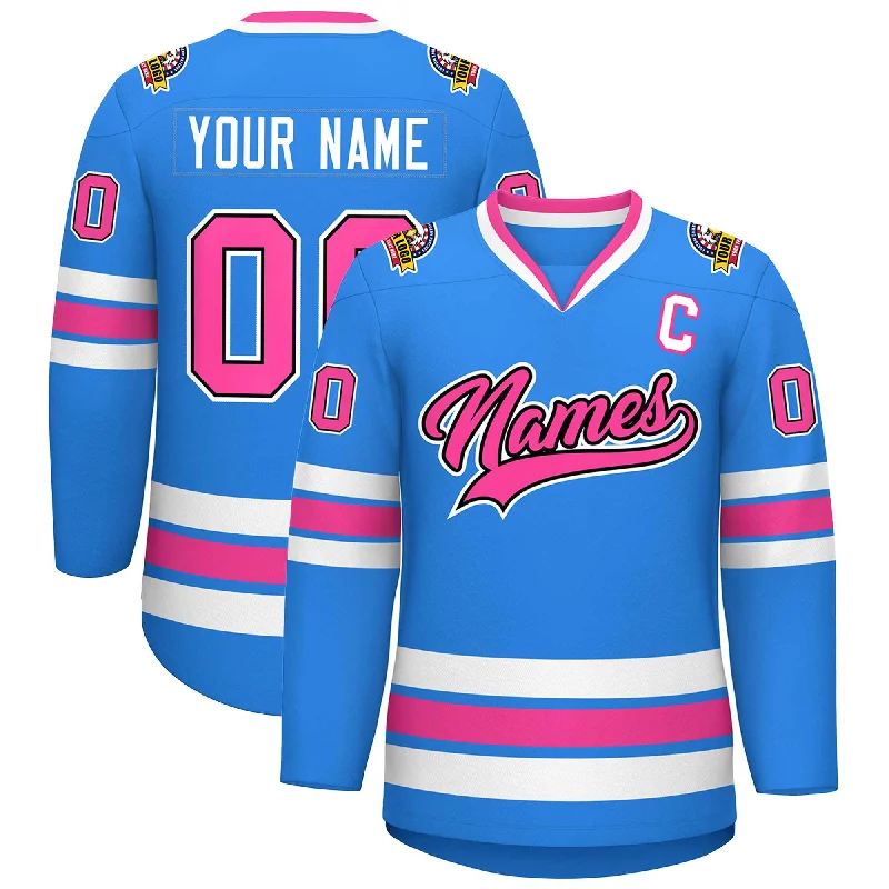 Custom Powder Blue Pink Black-White Classic Style Hockey Jersey Minimalist Men's Casual 