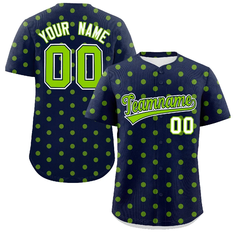 Custom Navy Neon Green Personalized Polka Dot Graffiti Pattern Authentic Baseball Jersey Sleek Men's Metallic