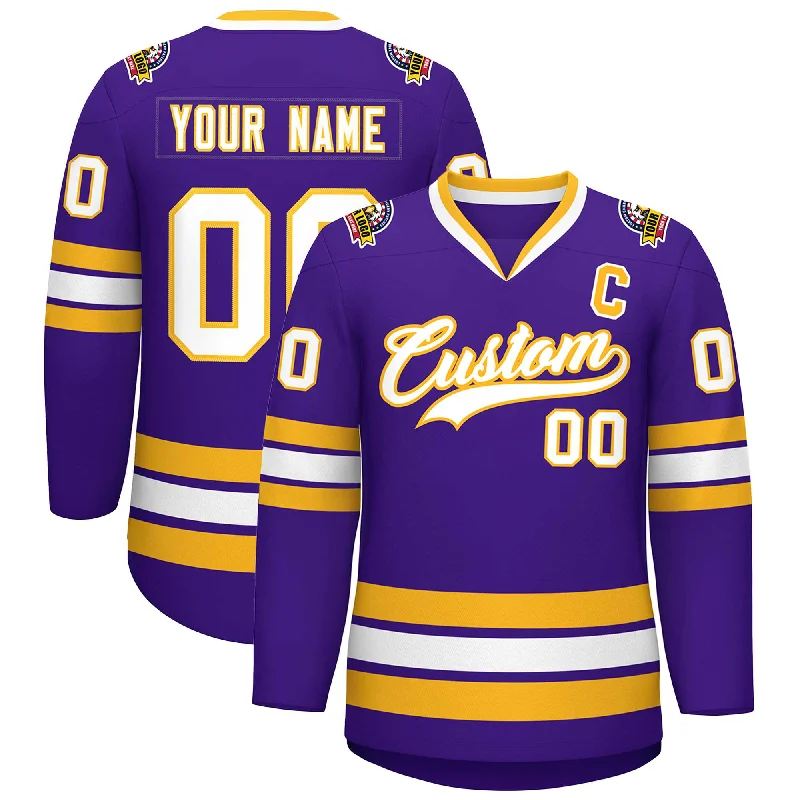 Custom Purple White-Gold Classic Style Hockey Jersey Refined Men's European