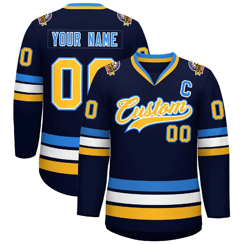 Custom Navy Gold White-Powder Blue Classic Style Hockey Jersey Monochromatic All