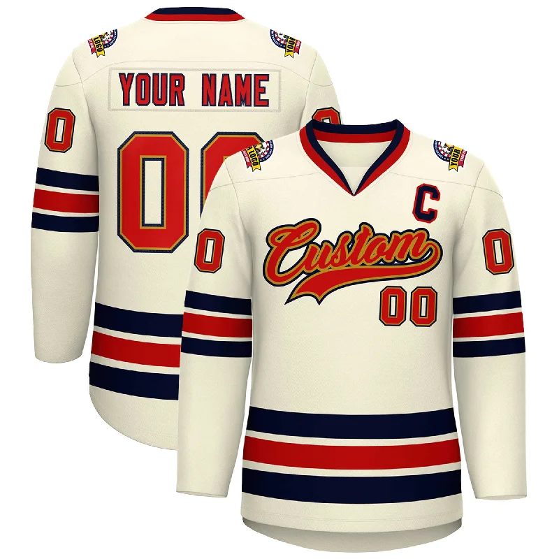 Custom Khaki Red Old Gold-Navy Classic Style Hockey Jersey Polished Men's Satin