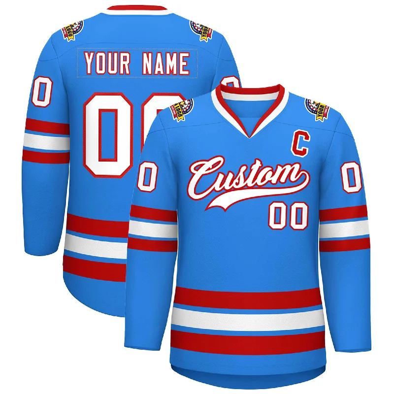 Custom Powder Blue White-Red Classic Style Hockey Jersey Athletic Men's Compression