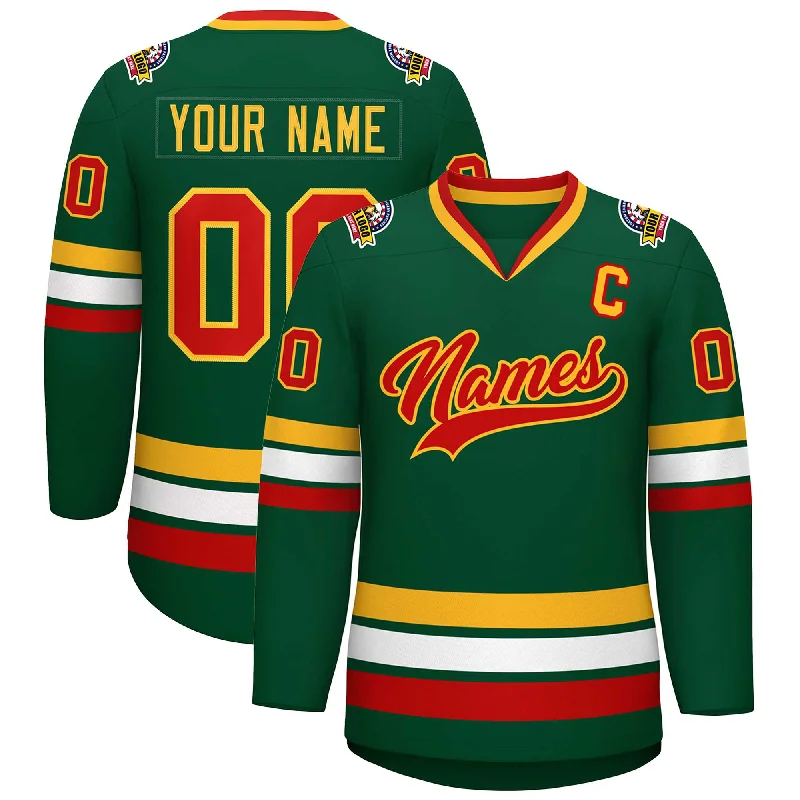 Custom Green Red-Gold Classic Style Hockey Jersey Dynamic Men's Moto