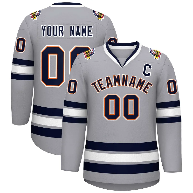 Custom Gray Navy Orange-White Classic Style Hockey Jersey Traditional Men's Wool