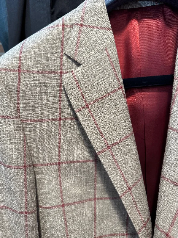 Peter Millar Tan/Crimson Windowpane Sport Coat Casual Men's Japanese 