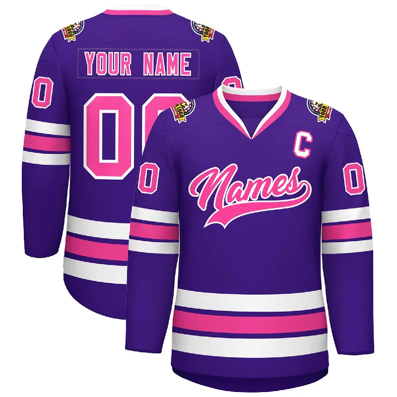 Custom Purple Pink-White Classic Style Hockey Jersey Polished Men's Silk