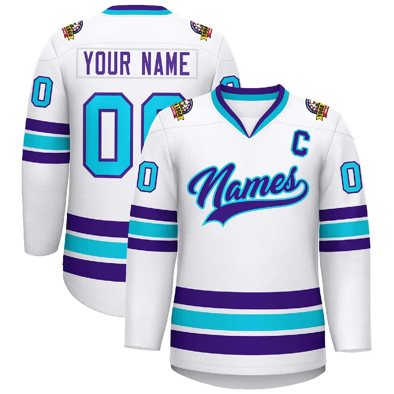 Custom White Purple-Powder Blue Classic Style Hockey Jersey Confident Men's Power