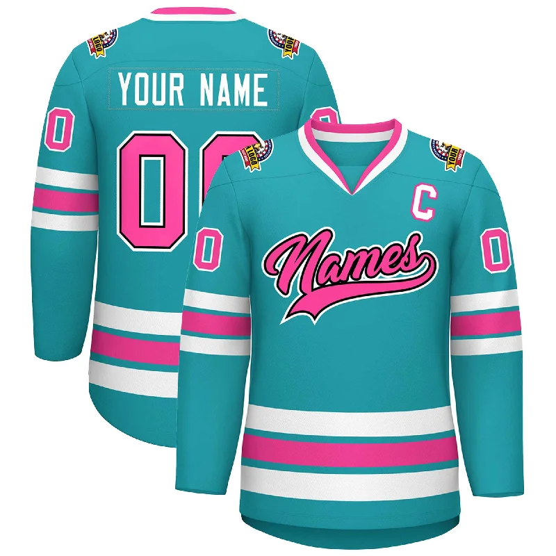 Custom Aqua Pink Navy-White Classic Style Hockey Jersey Casual Men's Short