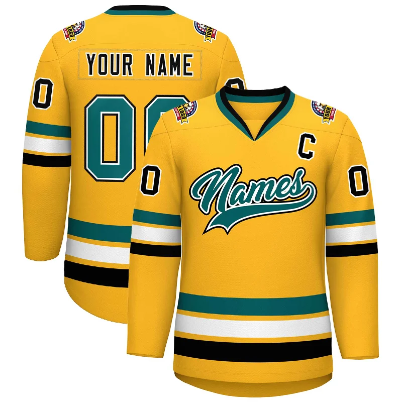 Custom Gold Aqua White-Black Classic Style Hockey Jersey Bold Men's Statement