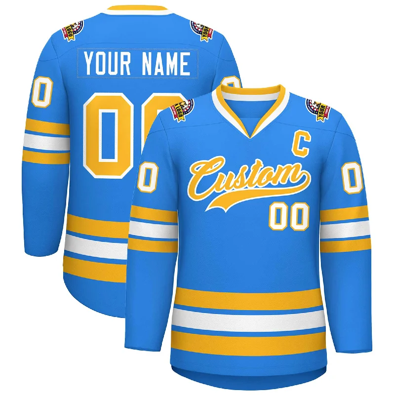 Custom Powder Blue Gold-White Classic Style Hockey Jersey Dapper Men's Bow