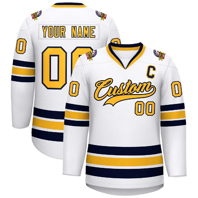 Custom White Gold-Navy Classic Style Hockey Jersey Relaxed Men's Australian 