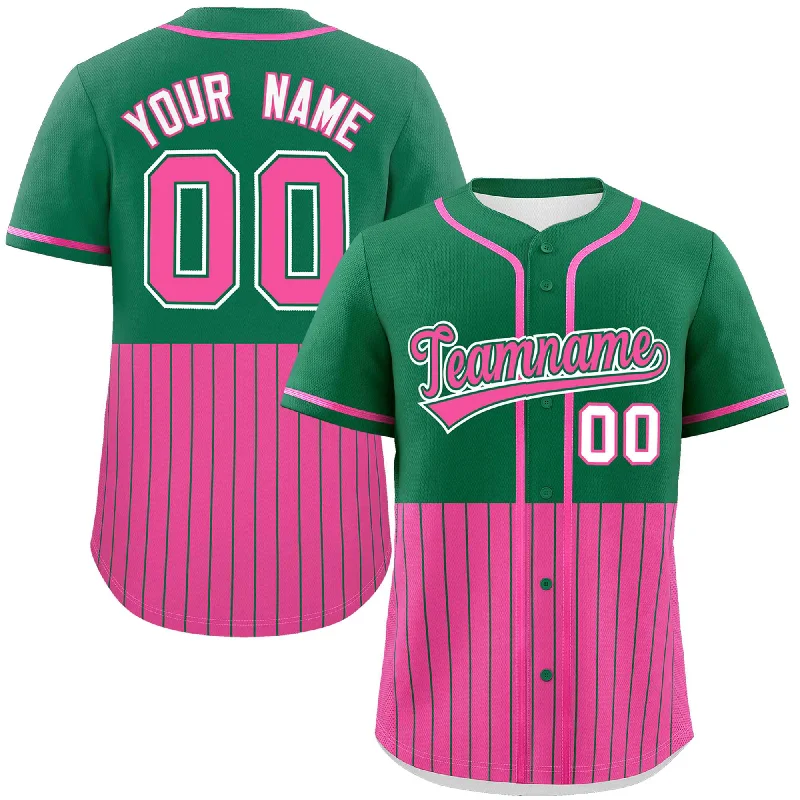 Custom Kelly Green Pink Personalized Half Stripe Design Authentic Baseball Jersey Artistic Men's Hand