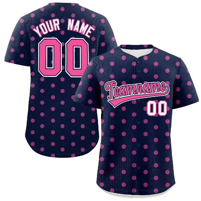 Custom Navy Pink Personalized Polka Dot Graffiti Pattern Authentic Baseball Jersey Polished Men's Satin