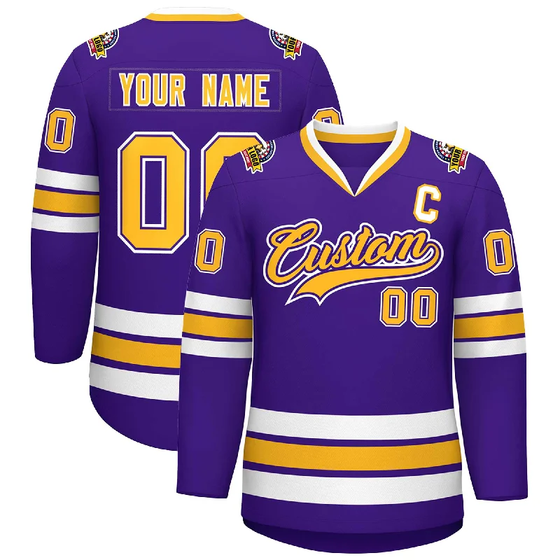 Custom Purple Gold Purple-White Classic Style Hockey Jersey Monochromatic All