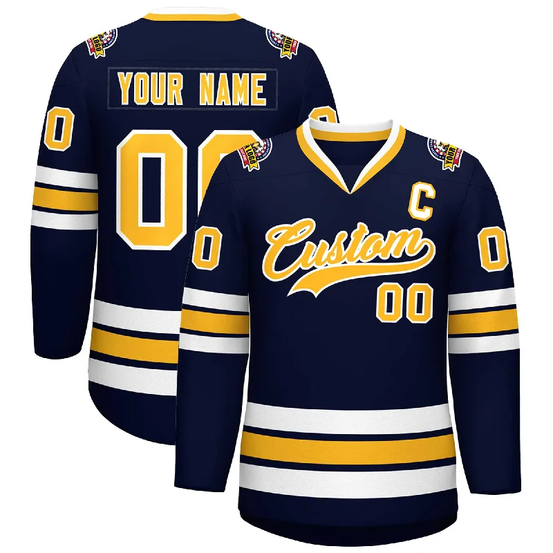 Custom Navy Gold-White Classic Style Hockey Jersey Relaxed Men's Beach