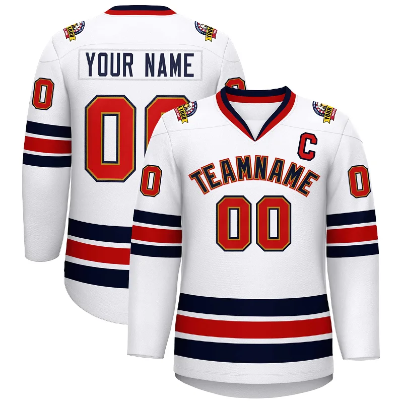 Custom White Navy Old Gold-Red Classic Style Hockey Jersey Unique Men's Patch