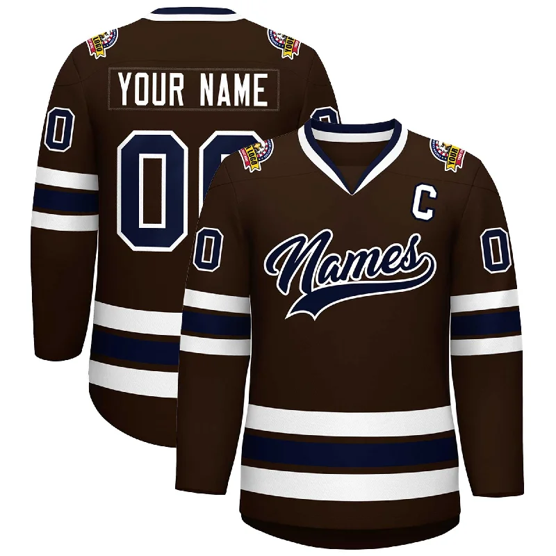 Custom Brown Navy-White Classic Style Hockey Jersey Laid