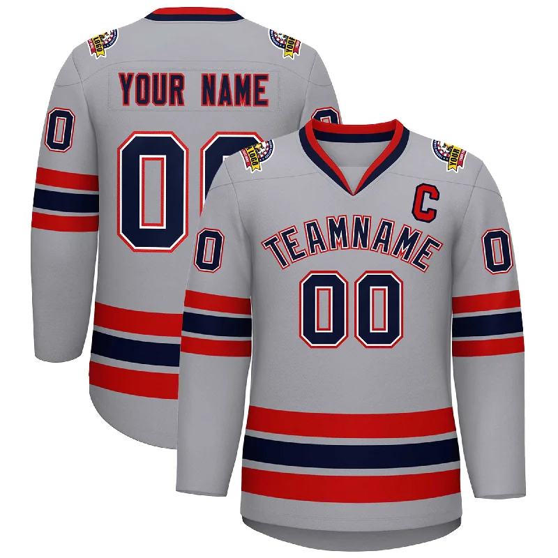 Custom Gray Navy White-Red Classic Style Hockey Jersey Laid