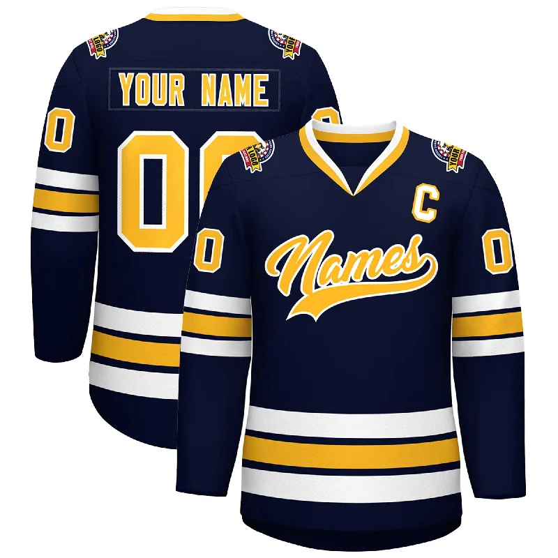 Custom Navy Gold-White Classic Style Hockey Jersey Cozy Men's Sherpa