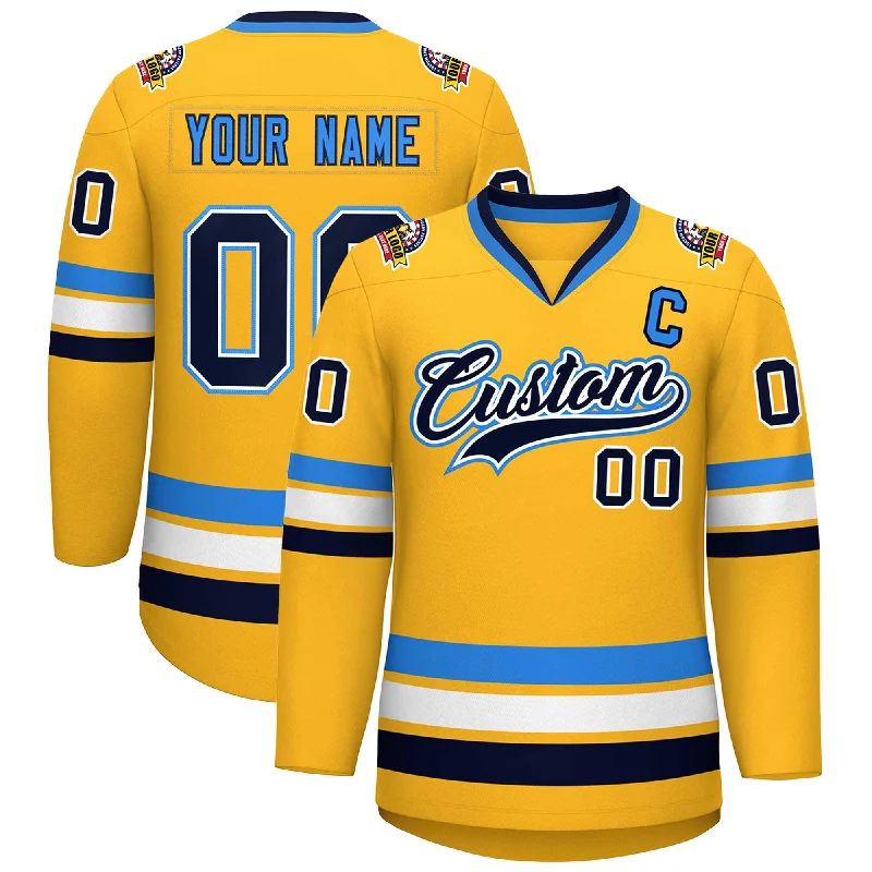 Custom Gold Navy White-Powder Blue Classic Style Hockey Jersey Sharp Men's Italian