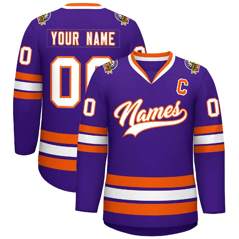 Custom Purple White-Orange Classic Style Hockey Jersey Unique Men's Upcycled