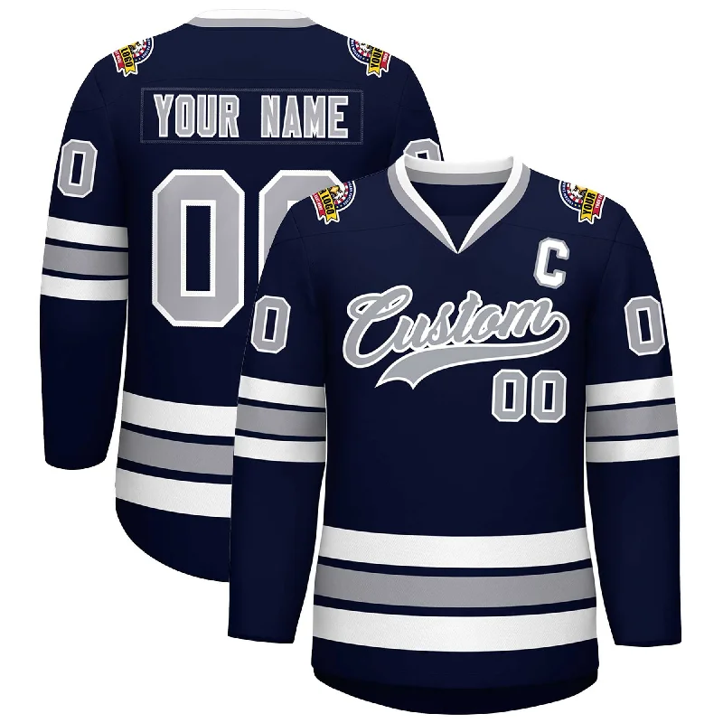 Custom Navy Gray-White Classic Style Hockey Jersey Sleek Men's Metallic