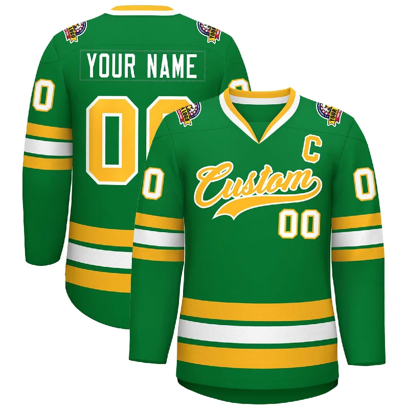 Custom Kelly Green Gold-White Classic Style Hockey Jersey Laid