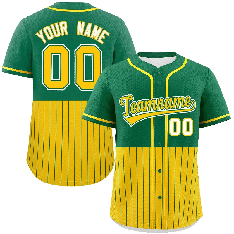 Custom Kelly Green Gold Personalized Half Stripe Design Authentic Baseball Jersey Trendy Men's Bucket