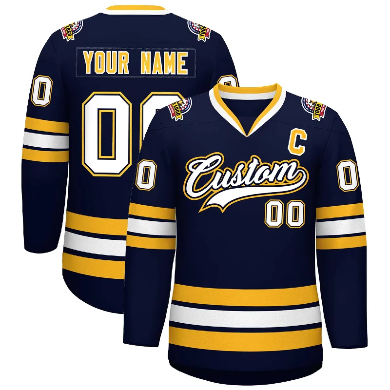 Custom Navy White Navy-Gold Classic Style Hockey Jersey Confident Men's High